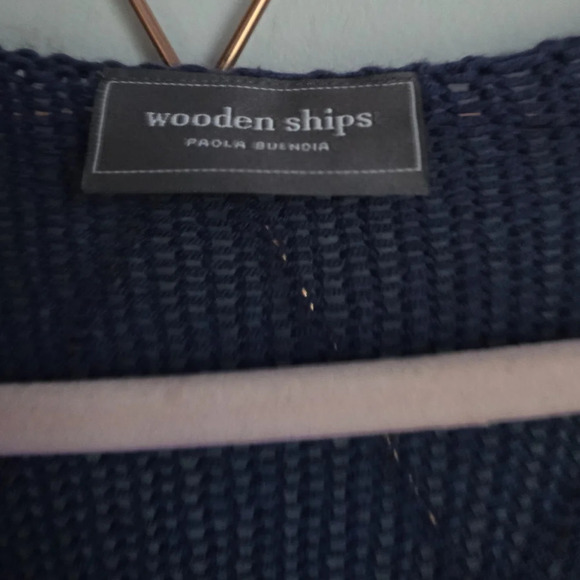 Wooden Ships, Navy Blue Yellow Chevron Stripe Scoop Neck Sweater, Size Medium - Picture 7 of 9